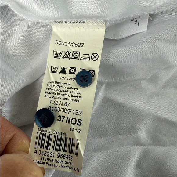 Eterna White Shirt with Dark Blue Polka Dot Collar. 100% cotton Men’s 37 14.5 - Picture 4 of 6